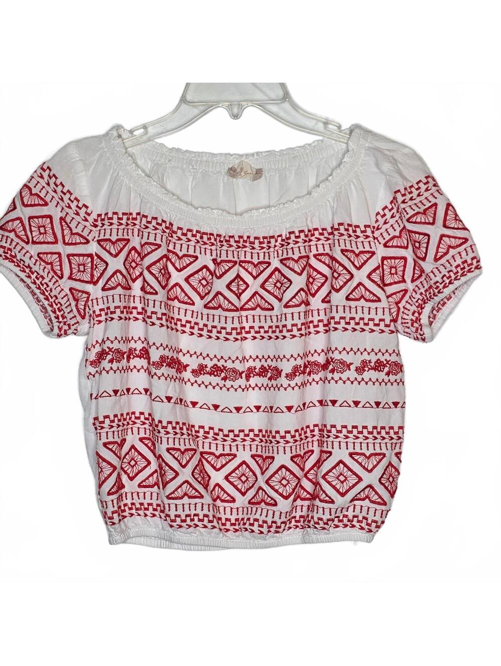 Altar'd State White Red Embroidered Blouse Bohemian Size M